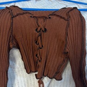 Elegant Brown Lace-Up Ribbed Blouse